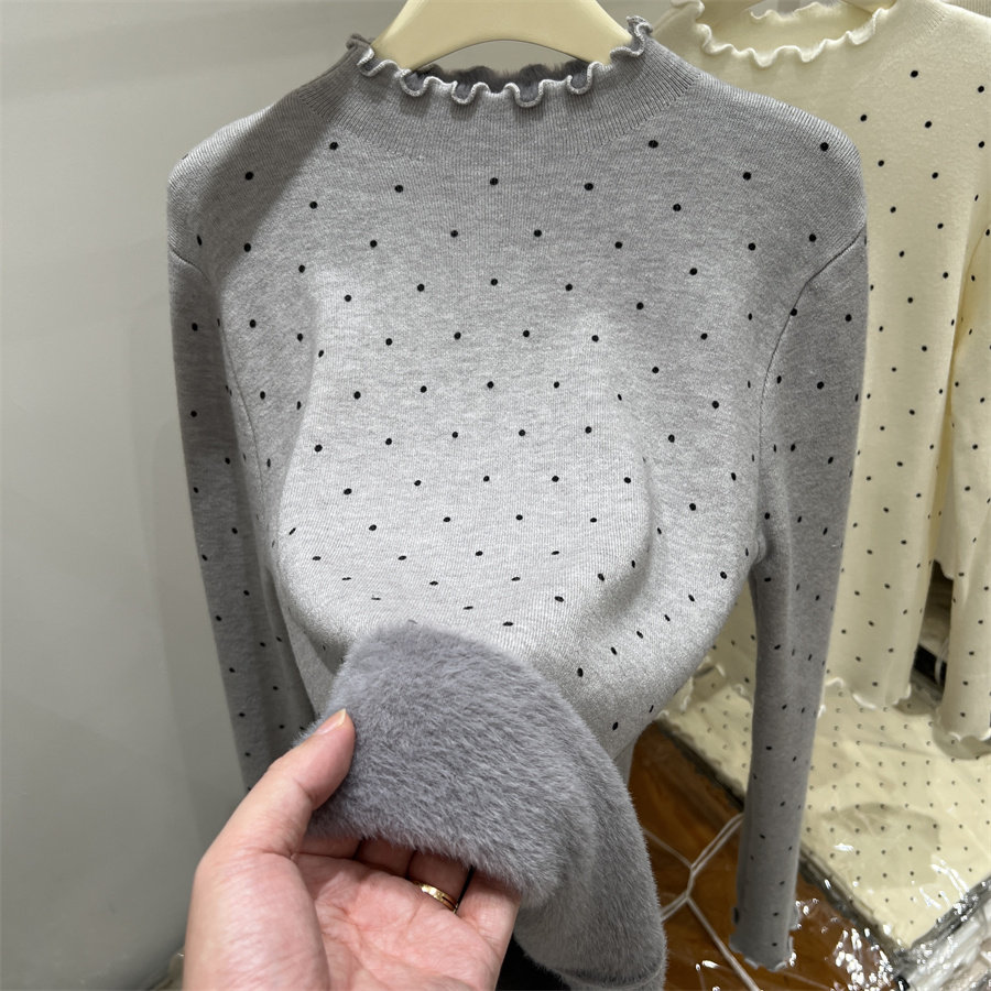 木耳边加绒加厚波点女打底衫上衣