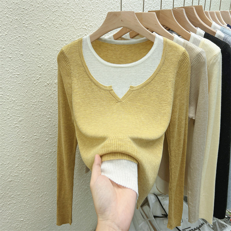 早秋新款撞色假两件长袖针织衫女