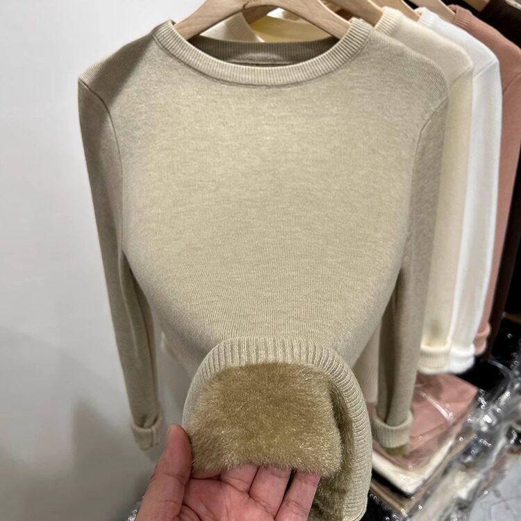 秋冬加厚一体绒圆领打底毛衣女