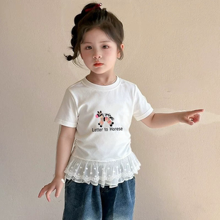纯棉女童双蕾丝花边卡通印花T恤2026夏季新款中大童设计感上衣