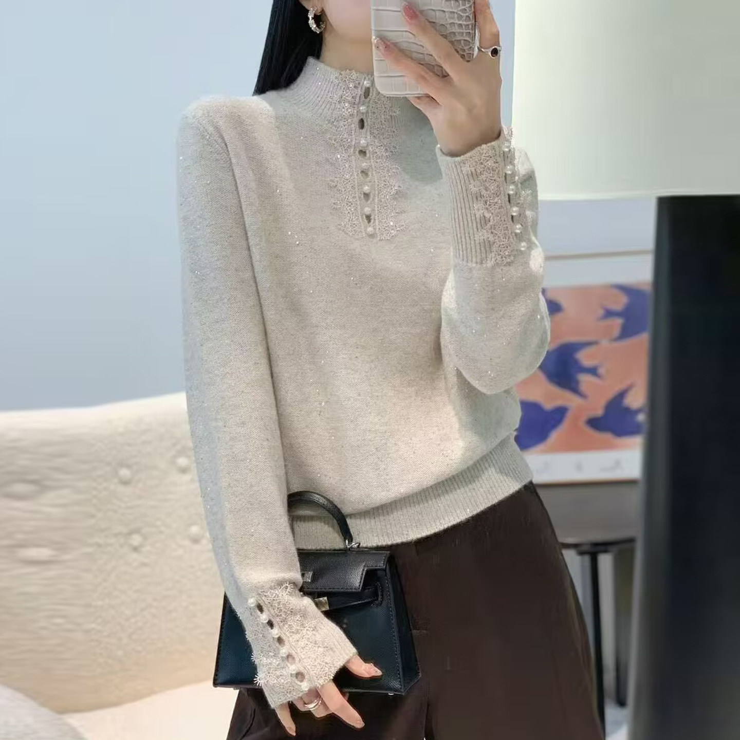 秋冬半高领蕾丝亮片打底毛衣女
