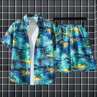 日系海边情侣沙滩套装 休闲夏威夷衬衫 潮流学生宽松短袖 夏季 男 短裤