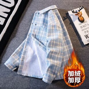 针织小香风外套男潮牌宽松休闲开衫夹克秋冬款加绒加厚格子衬衫