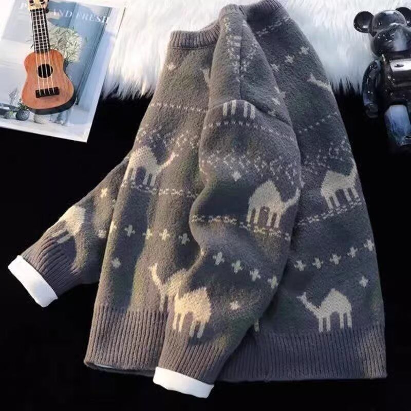 美式复古潮牌圆领毛衣男冬季新款慵懒风加厚打底青少年针织衫上衣