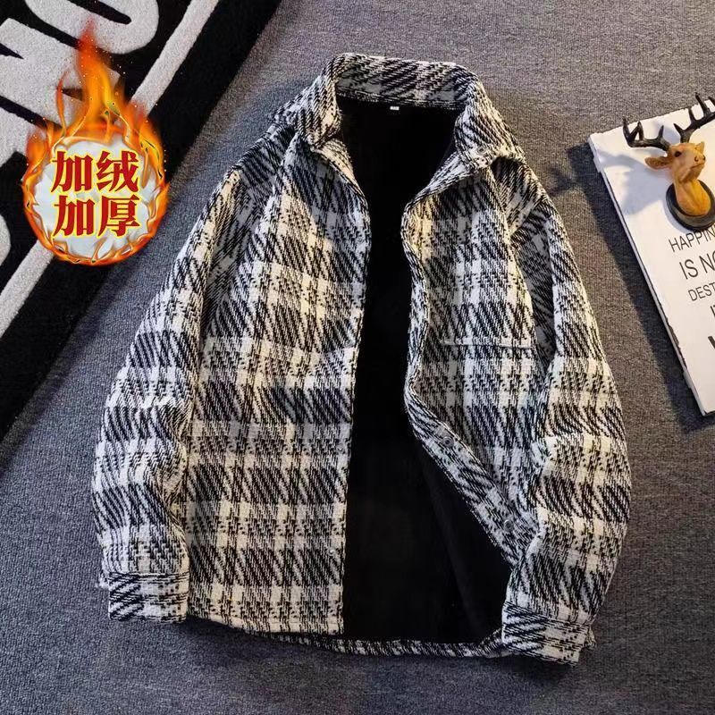 秋冬季加绒小香风毛呢外套男潮牌宽松休闲夹克高级感痞帅格子衬衫