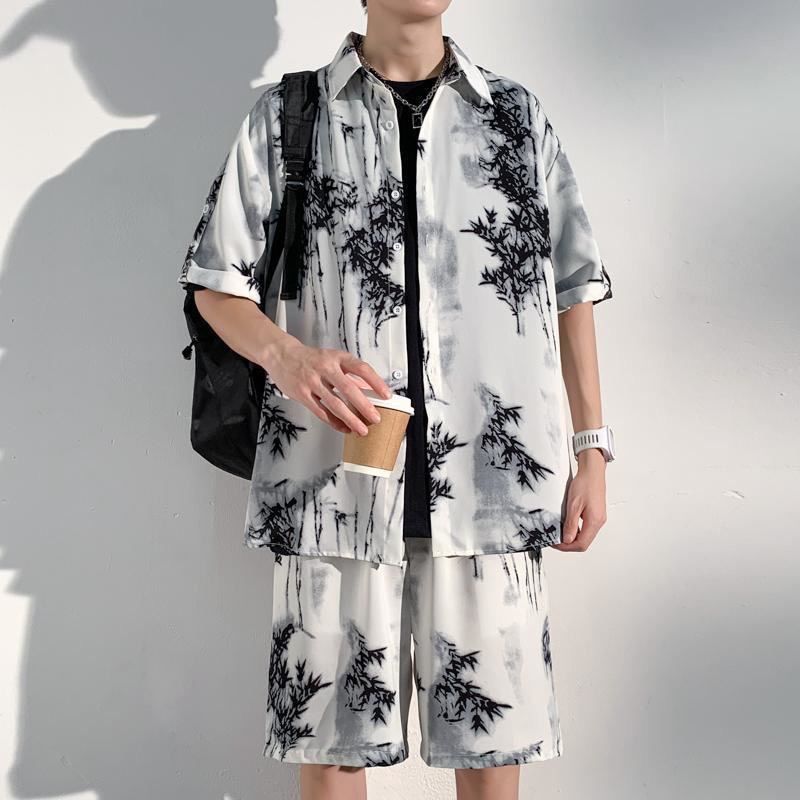 潮流复古痞帅宽松休闲两件套夏季凉感冰丝扎染短袖衬衫短裤套装男
