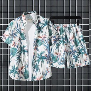 休闲夏威夷情侣海边短裤 夏季 花衬衫 男短袖 度假两件套男生 沙滩套装