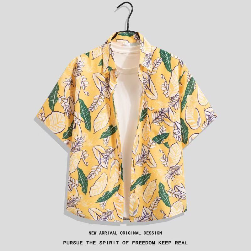 复古巴领夏威夷冲浪港风短袖花衬衫男女沙滩海边度假情侣印花衬衣