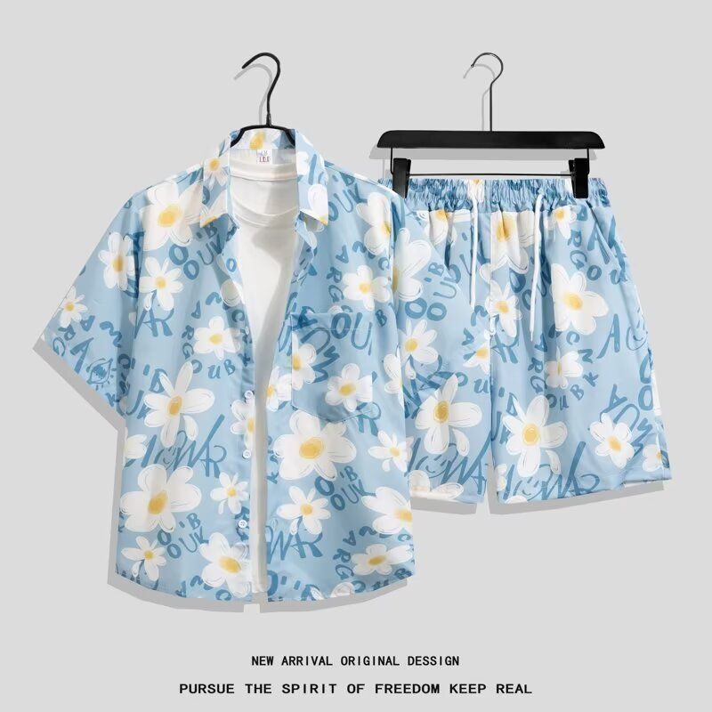 夏季夏威夷衬衫男两件套旅游搭配情侣沙滩服透气套装休闲短袖短裤