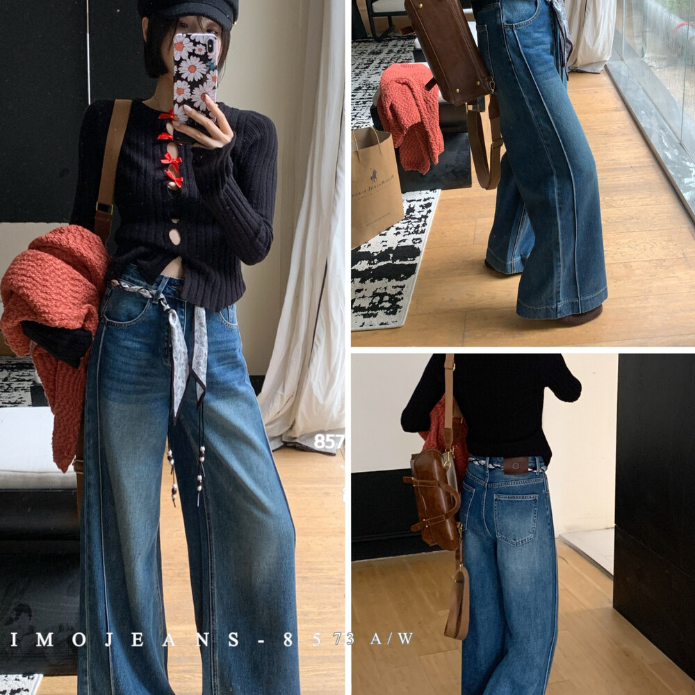 DIMO8573直筒高腰牛仔裤女2025秋季新款宽松显瘦阔腿裤拖地长裤子