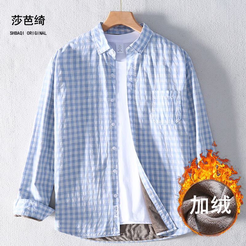 加绒格子衬衫男士保暖日系复古