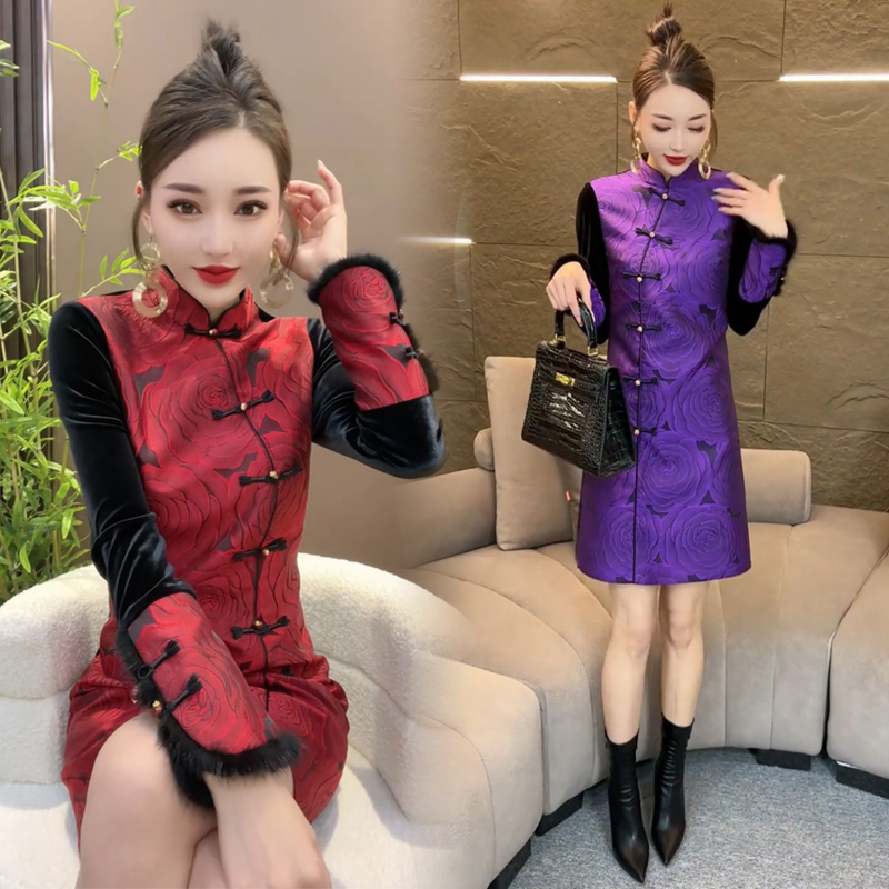 新中式国风盘扣中长裙女气质高级感丝绒拼接缎面旗袍洋气唐装潮流