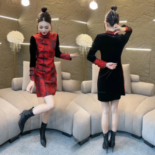 国风冬季中国红金丝绒拼接缎面高级感连衣裙女气质洋气旗袍上衣潮