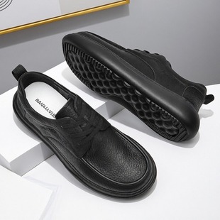 2026春款 厚底轻便鞋 男士 软底真皮板鞋 子 纯黑色休闲鞋 头层牛皮男鞋