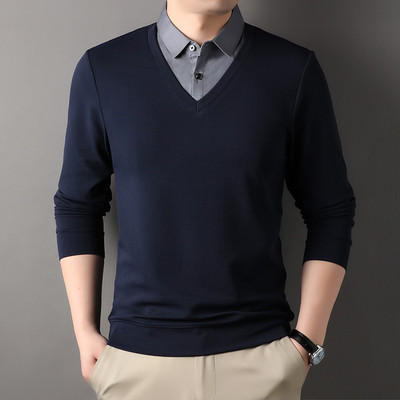 2025春季新款款假两件针织衫男毛衣衬衫领年轻内搭打底长袖款上衣