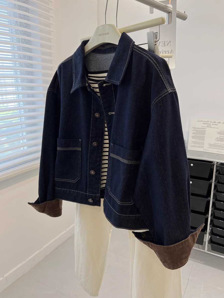 Qadın retro rəngli qısa denim gödəkçə məxmər detallı