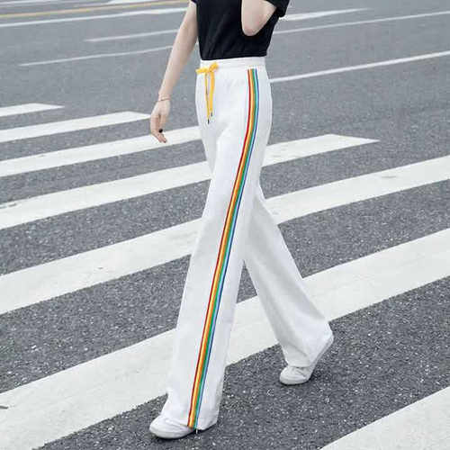 休闲运动裤子女春夏薄款侧条纹彩虹坠感高腰宽松直筒阔腿裤白色