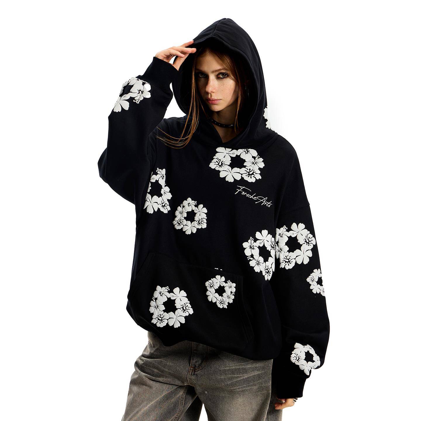 0123start 花卉发泡满印潮牌连帽卫衣女宽松美式复古秋冬情侣外套