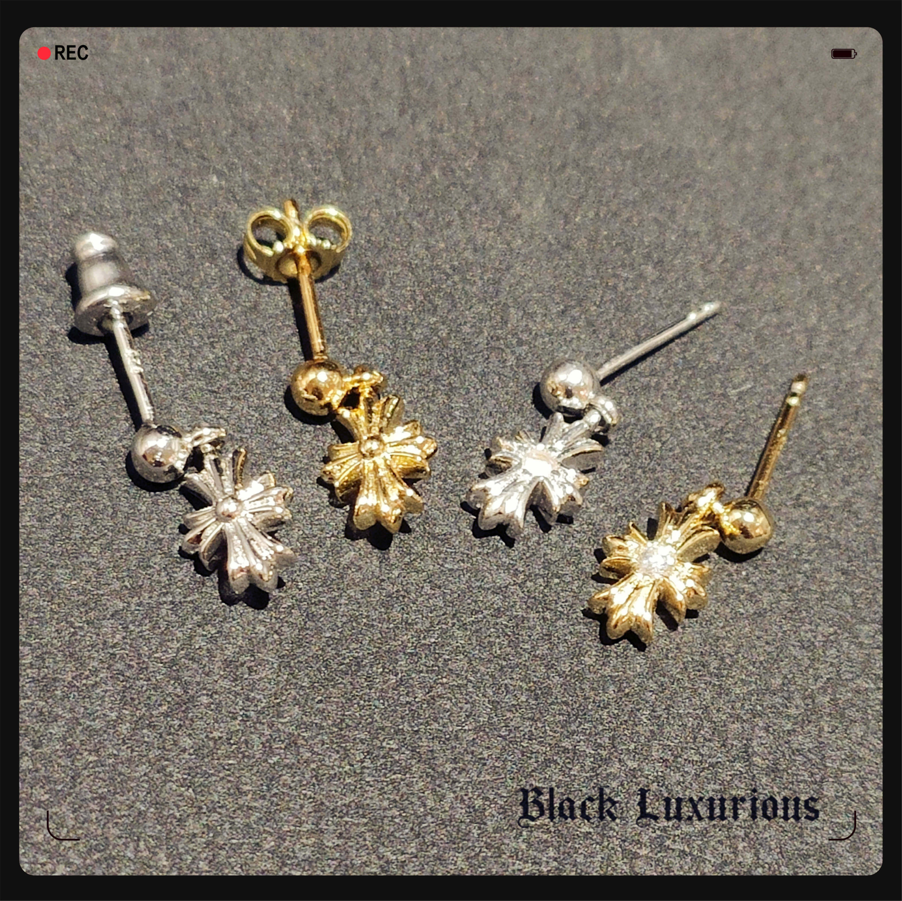 Black Luxurious925纯银针电镀22K18K黄白金色风格十字镶满钻耳钉