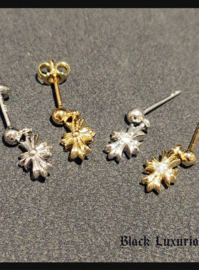 Black Luxurious925纯银针电镀22K18K黄白金色风格十字镶满钻耳钉