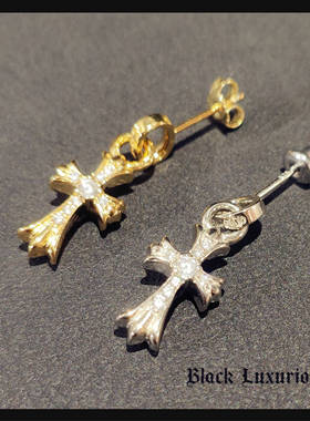 Black Luxurious925纯银针电镀22K18K金色BABYFAT十字架镶钻耳钉