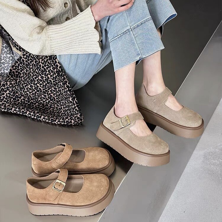 2026春季新款真皮厚底勃肯鞋女复古百搭休闲鞋一字带懒人玛丽珍鞋