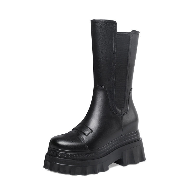 신장 10CM 이내 증가 천연가죽 만능 여성 두꺼운 밑창 숏부츠 봄 가을 싱글부츠 웨지힐 하이힐 미드튜브 슬리밍 굴뚝부츠