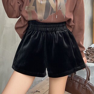 松紧高腰a字阔腿宽松显瘦百搭靴裤 黑色金丝绒短裤 女2025秋冬新款