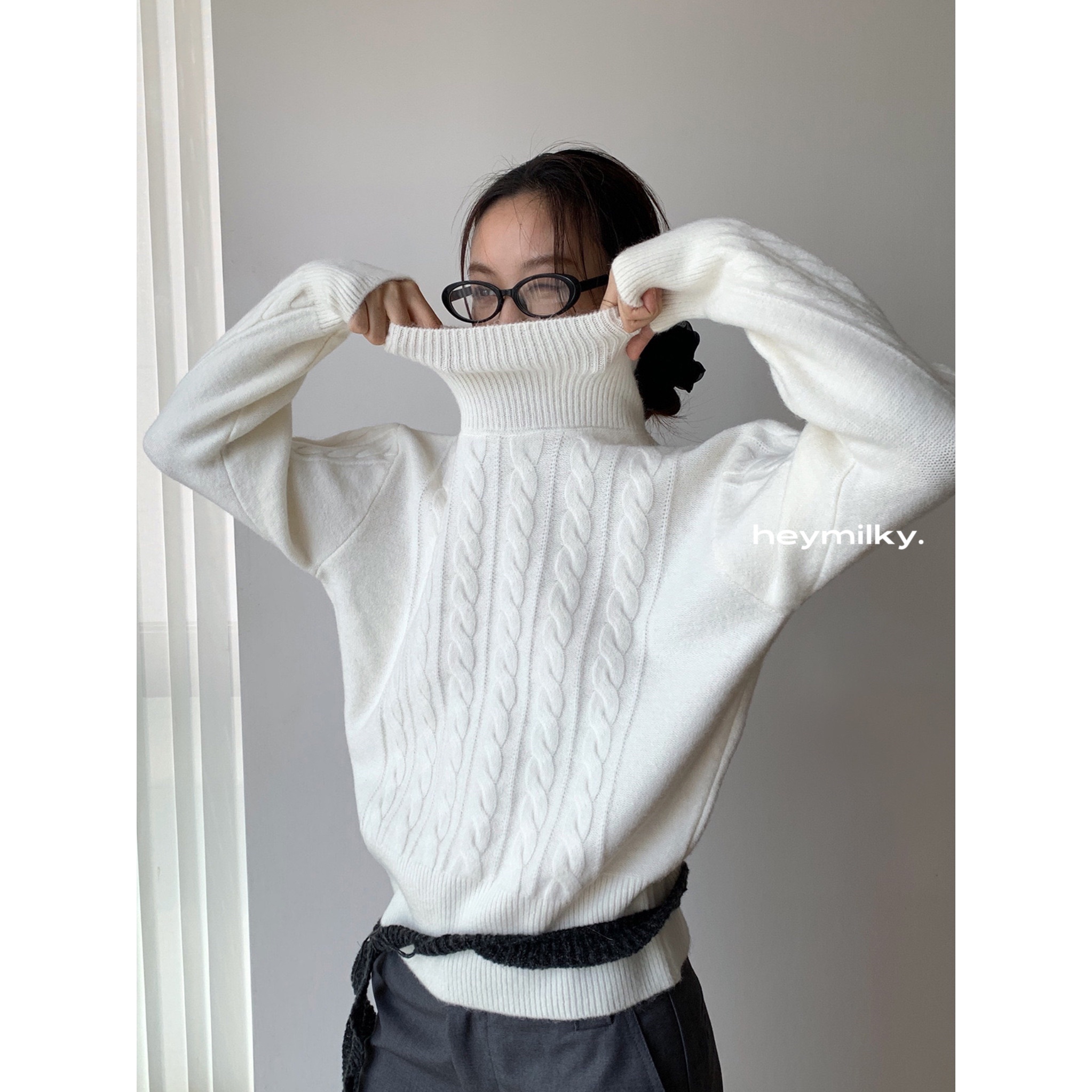 heymilky 24AW慵懒风纯色高领毛衣女百搭柔软提花针织衫上衣