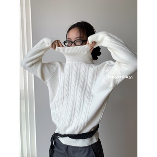 heymilky 上衣 24AW慵懒风纯色高领毛衣女百搭柔软提花针织衫