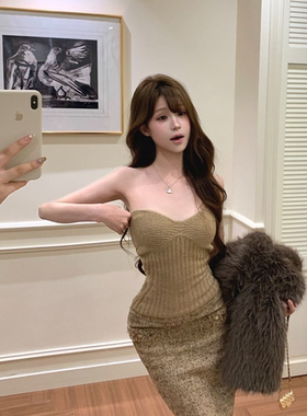 卡其色纯欲风性感修身显瘦抹胸背心收腰内搭女装春秋季辣妹短上衣