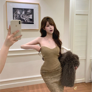 辣妹短上衣 春秋季 卡其色纯欲风性感修身 显瘦抹胸背心收腰内搭女装