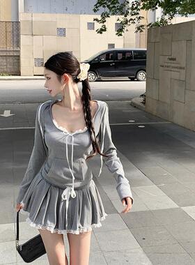 灰色长袖修身短款T恤连帽卫衣女装秋季纯欲套装a字半身裙裤两件套