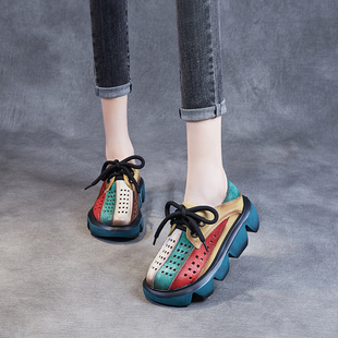 包头凉鞋女2026新款复古民族风真皮女鞋夏季厚底坡跟松糕镂空单鞋