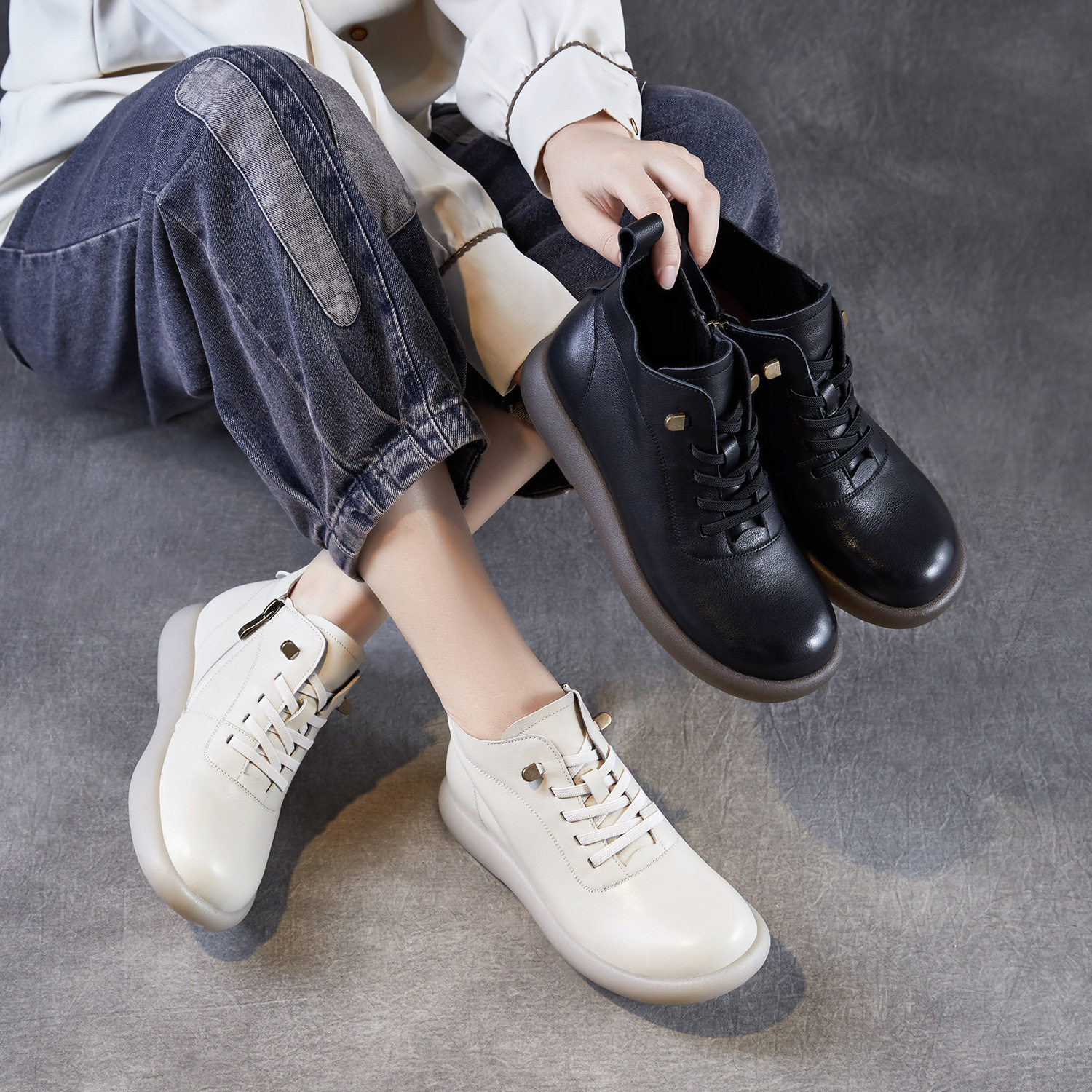 2026秋冬季新款真皮软底软面平底短靴女舒适单靴牛筋底休闲马丁靴