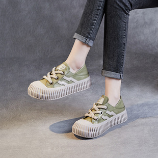 头层牛皮系带休闲鞋女2026春秋平底圆头擦色小白鞋时尚厚底两穿鞋