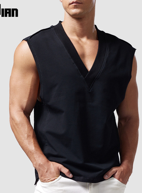 260G重磅大V领无袖T恤男士马甲宽松运动健身纯棉美式背心夏季坎肩