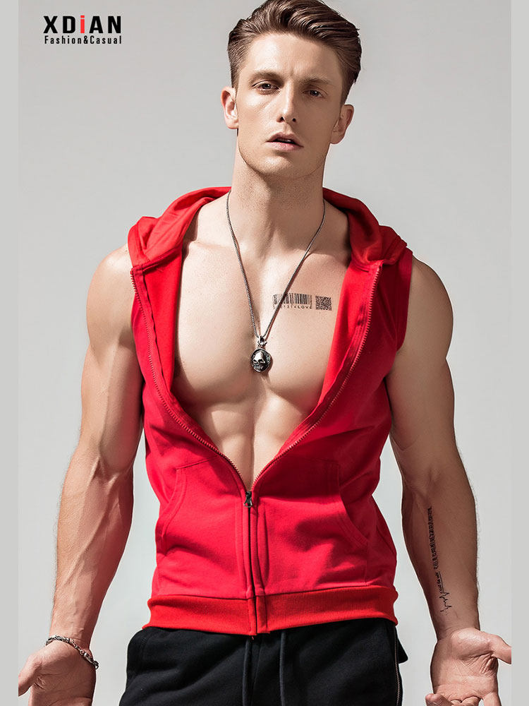 Sports sleeveless sweater men hooded vest jacket Short sleeve fitness vest men loose tide brand personality trend summer