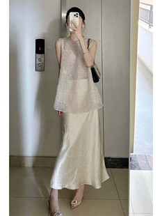 夏季高端精致气质女神范高级感真丝醋酸温柔风白色无袖连衣裙套装
