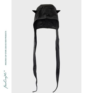 大头围绑带头巾帽街头时髦套头帽 薄款 小众个性 猫耳朵遮阳帽女夏季