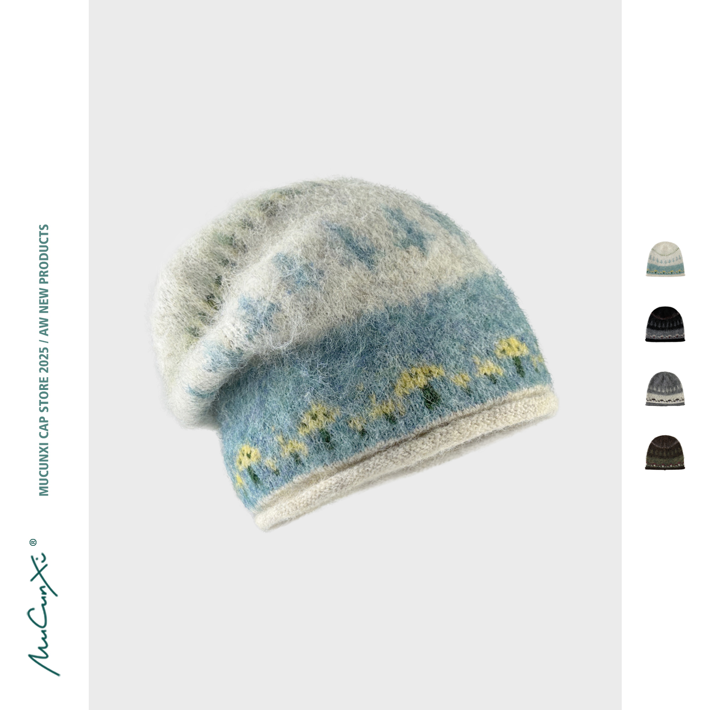 MUCUNXI 大头围提花卷边堆堆帽女慵懒风秋冬保暖护耳套头毛线帽潮