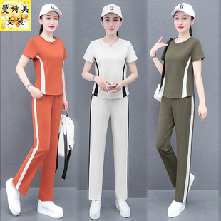 妈妈夏季拼色圆领套装女2025新款夏天薄款时尚洋气休闲运动两件套