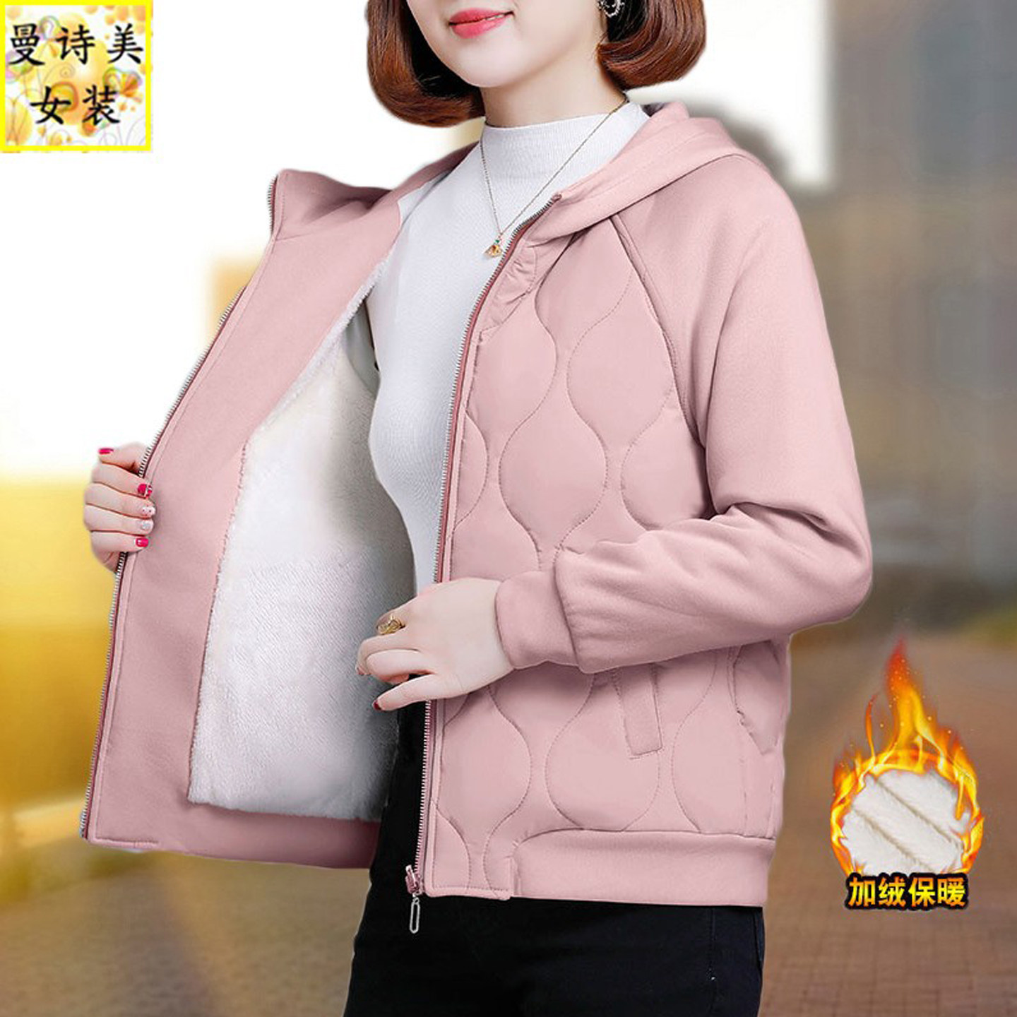 机行加绒棉衣外套女2025冬季新款连帽保暖棉服加厚妈妈棉袄小个子