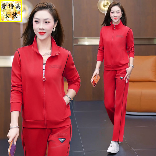 红色广场舞运动套装女新款两件套