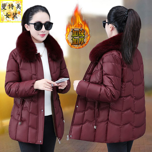 pu皮中长款棉服女2025新款冬季时髦中老年妈妈洋气加绒羽绒棉棉衣