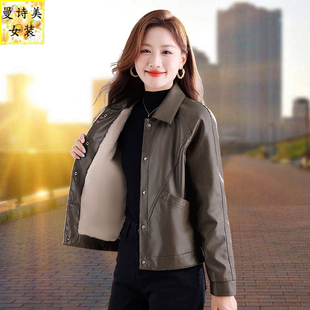 翻领皮衣外套女士春秋短款 中年妈妈pu皮夹克加绒加厚 2026秋冬新款
