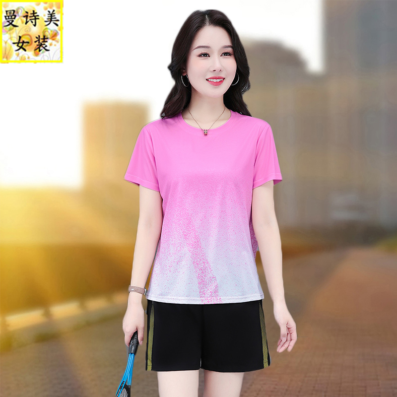 冰丝运动套装女装夏季新款休闲跑步服羽毛球短袖短裤五分裤两件套