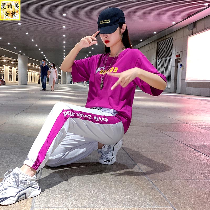 纯棉运动套装女夏季2023新款时尚大码洋气宽松韩版显瘦休闲两件套