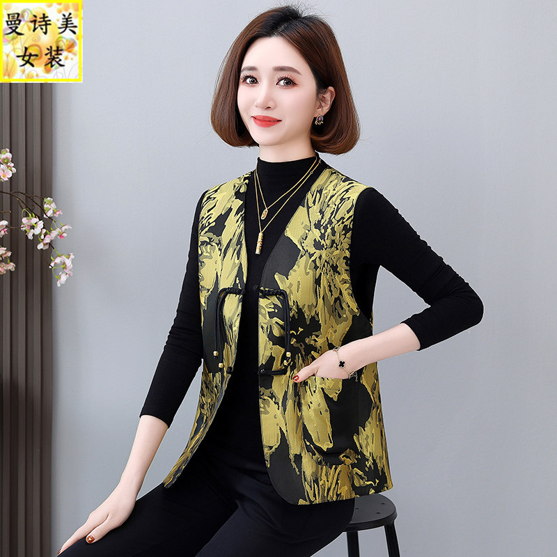 双面穿新中式国风马甲上衣女新款妈妈复古提花盘扣坎肩马夹背心女