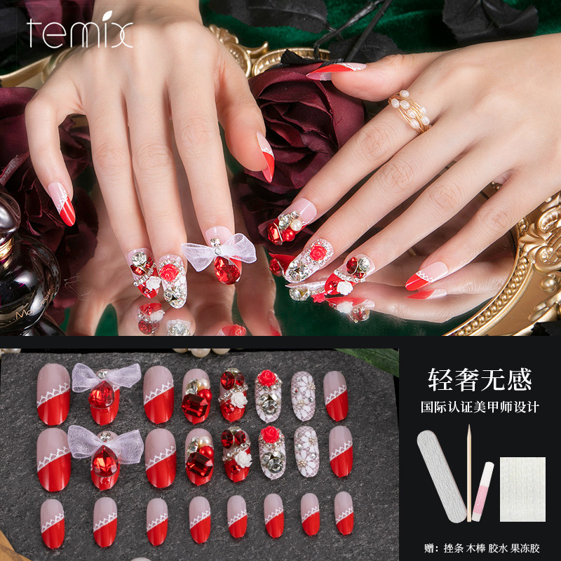 temix新娘美甲穿戴甲片 长款假指甲 影楼婚纱拍照红色镶钻蝴蝶结